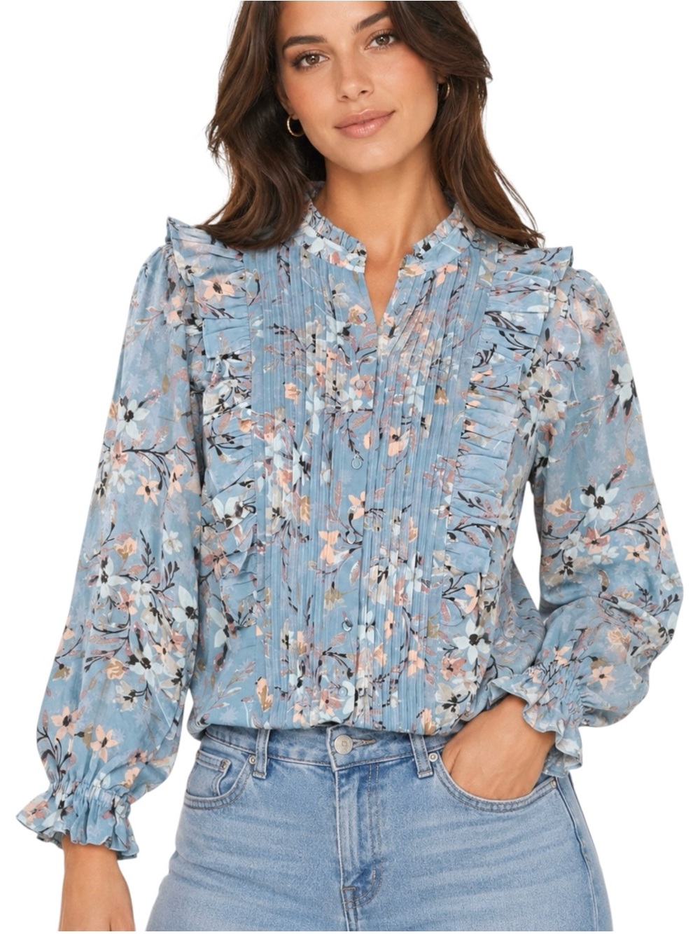 WALTER BAKER Blue Floral Ruffle Pintuck Blouse Small